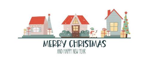 banner de Navidad con casas de invierno y texto feliz navidad.Tarjeta de invierno con lindas casas, árbol, un muñeco de nieve y regalos sobre un fondo blanco. ilustración vectorial en estilo plano. vector