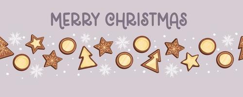 banner de navidad con cookies composición horizontal perfecta con texto feliz navidad galletas de jengibre con copos de nieve. ilustración vectorial en estilo plano. vector