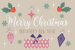 Christmas background retro banner with text merry christmas and gifts.Cover with stars, snowflakes, toys and holly. Festive congratulations. Vector illustration