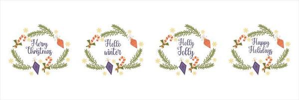 Christmas frames with congratulations text isolated on white background.Round design with different text, fir branches and toys. Vector illustration in a flat style. Christmas decor.