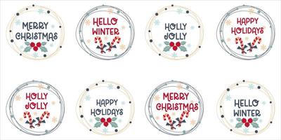 Christmas frames with congratulations text isolated on white background.Round design with different lettering and candy canes. Vector illustration in a flat style. Christmas decor.