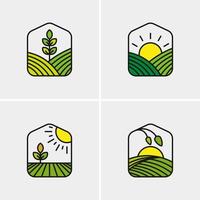Conjunto de granja de invernadero de agricultura de plantación ecológica moderna con hojas y plantilla de logotipo de vector de sol