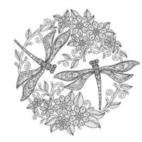 libélula y jardín de flores dibujadas a mano para libro de colorear para adultos vector