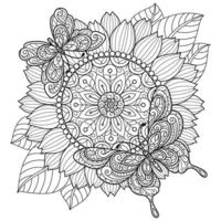 Sunflower and butterfly hand drawn for adult coloring book vector