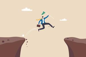 Determination and bravery to overcome obstacle and achieve business success, career challenge or motivation to win competition, determined businessman jump over cliff gap to achieve business target. vector