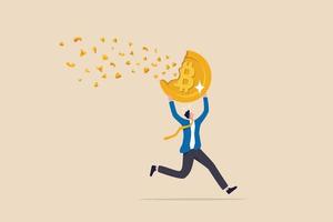 Bitcoin price falling down make investor or trader losing money, crypto value dissolve into dust particle concept, frustrated investor trader running away with his dissolving, crash into dust Bitcoin. vector