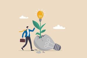 Fail to success, aspiration and effort to invent new innovation, never give up or motivation to success concept, cheerful businessman look at seedling bright lightbulb idea plant grow from broken one. vector