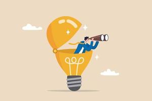 Creativity to help see business opportunity, vision to discover new solution or idea, curiosity, searching for success concept, businessman open lightbulb idea using binoculars to see business vision. vector