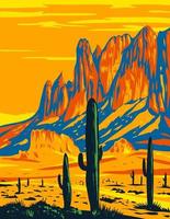 Lost Dutchman State Park mostrando plancha plana en las montañas de superstición en Arizona, EE. UU. wpa poster art