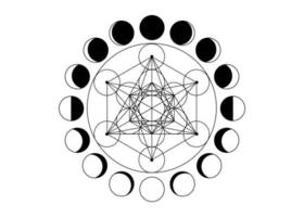 Metatrons Cube, Flower of Life. Sacred geometry, Moon Phases, geometric elements. Mystic icon platonic solids, abstract geometric drawing, crop circles. Vector isolated on white background