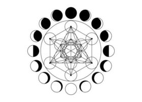 Metatrons Cube, Flower of Life. Sacred geometry, Moon Phases, geometric elements. Mystic icon platonic solids, abstract geometric drawing, crop circles. Vector isolated on white background