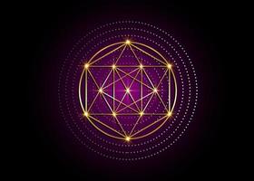 Gold Magic Alchemy symbols, Sacred Geometry. Religion, philosophy, spirituality, occultism concept. Linear triangle with lines and overlapping circles, print vector logo isolated on purple background