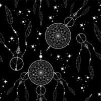 Atrapasueños doodle de patrones sin fisuras, adornos de mandala y estrellas mágicas. símbolo místico, arte étnico con diseño de estilo boho indio nativo americano, vector aislado sobre fondo negro