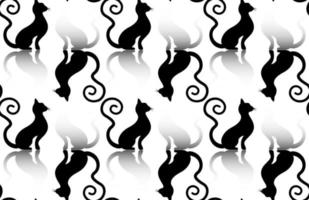 Seamless Black cats silhouette with curly tail, feline animal pattern print texture template, vector illustration isolated on a white background