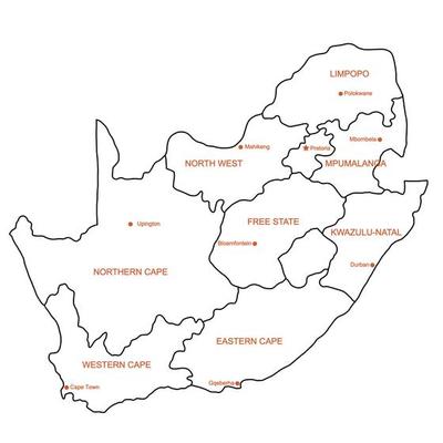 Doodle freehand drawing South Africa political map with major cities. Vector illustration.