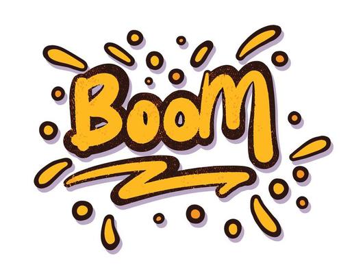 Comic sound BOOM speech effect bubble isolated on white background illustration. Wow, pow, bang, ouch, crash, woof, no, yes, boom, oh, omg, wtf, deal, oops inscriptions