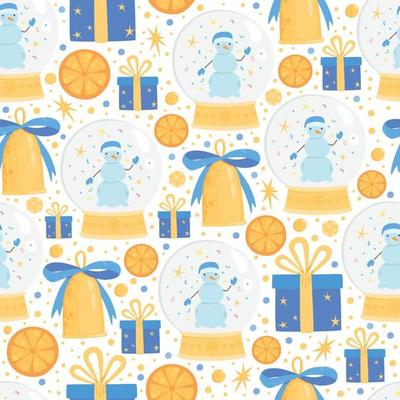 Christmas snowball with snowman seamless pattern. Vector illustration for your holiday design. Fir tree xmas decoration with gold bell, gift box and orange fruit