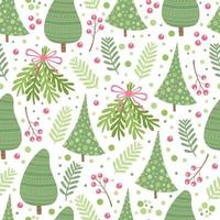 Christmas fir tree seamless pattern. Vector illustration for your holiday design. Fir tree xmas decoration with green branch and red berry