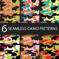 Set of 6 pack Camouflage seamless patterns background with black shadow. Classic clothing style masking camo repeat print. Bright colors of forest texture. Vector illustration web design and clothes.