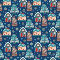 Christmas gingerbread house and candy cake seamless pattern. Vector illustration for your holiday design. Fir tree xmas decoration, balls, colorful glove