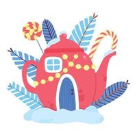 Christmas red teapot house with candies icon, cartoon flat style vector