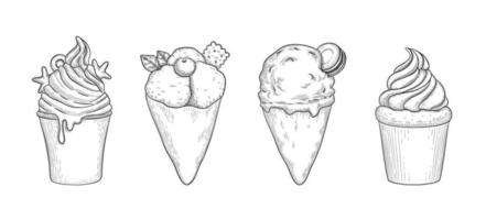 Vector set with hand drawn detailed ice cream and fruit dessert