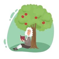 Smiling scientist Newton reading book under tree apple vector