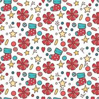 Vector seamless pattern with red and gold Christmas balls, bells, holly and poinsettia on a white background.