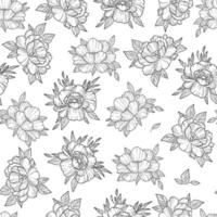 Peonies seamless floral pattern. Hand drawing art. Black and white vector illustration. Flowers oriental style. Vintage background. Template for creating fabric, paper, textiles, curtains, wrapping.