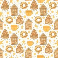 Navidad vacaciones plano vector de pan de jengibre de patrones sin fisuras. textura de símbolos de galletas de temporada de invierno. Atributos tradicionales de Navidad patrón decorativo. juguetes para árboles de navidad, galletas de jengibre, regalos