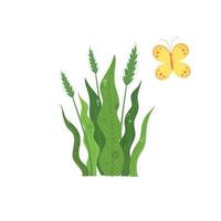 Green wheat plant near colorful butterfly icon, cartoon style vector