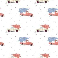 Seamless winter pattern of cars with Christmas trees vector