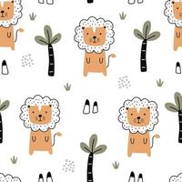 Fondo de animales de dibujos animados para niños de patrones sin fisuras con diseño dibujado a mano de estilo infantil de león y árbol. uso para tela, textil, impresión de papel tapiz, decoración, ilustración vectorial. vector