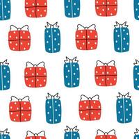 Patrón de vector de fondo de Navidad transparente con cajas de regalo. diseño dibujado a mano en estilo de dibujos animados. uso para estampados, ilustraciones, papel tapiz decorativo, telas, textiles, moda.
