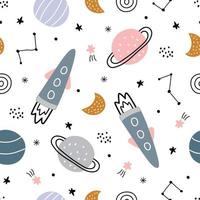 Fondo espacial dibujado a mano estrellas y cohetes patrón de vector transparente en estilo de dibujos animados para niños utilizado para imprimir papel tapiz, decoración, tela, ilustración vectorial textil