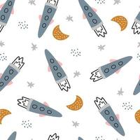 Ilustración de fondo espacial con estrellas y cohetes patrón de vector transparente dibujado a mano en estilo de dibujos animados para niños utilizado para impresión, papel tapiz, decoración, tela, textil
