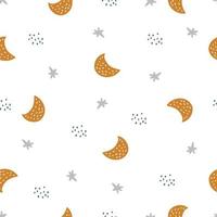 Seamless pattern for kids crescent moon and stars Hand drawn star background in cartoon style for print, wallpaper, decoration, fabric, textile, vector illustration.