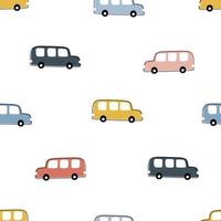 Coche sobre fondo blanco de patrones sin fisuras para niños dibujados a mano en diseños de estilo de dibujos animados utilizados para textiles, estilos de ropa, moda, ilustración vectorial de papel tapiz vector