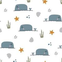 Blue whale seamless pattern for kids marine animal background Hand drawn design in cartoon style. used for textiles, prints, wallpapers, vector illustrations