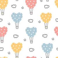 Cartoon Pattern Seamless Vector Background heart balloons floating in the sky with clouds Hand-drawn design in children's style. Use for print, wallpaper, decoration, fabrics, textiles.