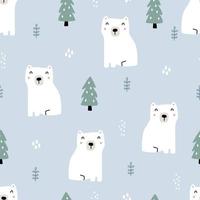 Seamless pattern of white bear and pine. Hand drawn cartoon animal background in children style Used for printing, wallpaper, decoration, textile vector illustration.