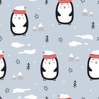 Navidad de patrones sin fisuras con pingüinos y nieve de pino sobre fondo azul Diseño dibujado a mano en estilo de dibujos animados, uso para impresión, papel tapiz de celebración, tela, textil. ilustración vectorial vector