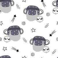 Space Background Seamless Pattern Cartoon Style For Kids Sloth perched on the stars Children's hand-drawn design used for print, fabric, textile vector illustration