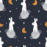 Rabbit on the star space background for kids seamless cartoon pattern Hand-drawn design in children's style. Use for prints, wallpapers, textiles, vector illustrations.