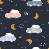 Car and moon on navy background seamless pattern for kids hand drawn in cartoon style designs used for textiles, clothing styles, fashion, wallpaper Vector Illustration