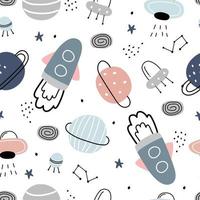 Space background with stars and rocket hand drawn seamless vector pattern in cartoon style for kids used for printing wallpaper, decoration, fabric, textile Vector Illustration