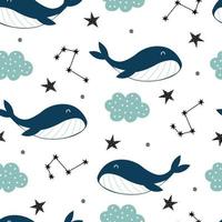 Blue whale with sky and stars seamless cute cartoon background. Designs used for textiles, clothing styles, prints, wallpapers, vector illustrations.