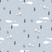 winter background seamless pattern with snow and pine trees hand drawn on a gray background vector