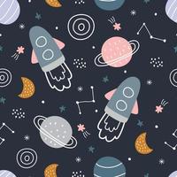 Space background illustration with stars and rockets hand drawn seamless vector pattern in cartoon style for kids used for print, wallpaper, decoration, fabric, textile