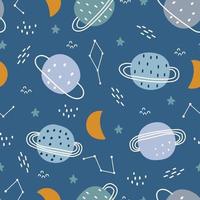 Space background for kids Planet with crescent moon seamless pattern design in cartoon style. Use for prints, wallpaper, decorations, textiles, vector illustrations.